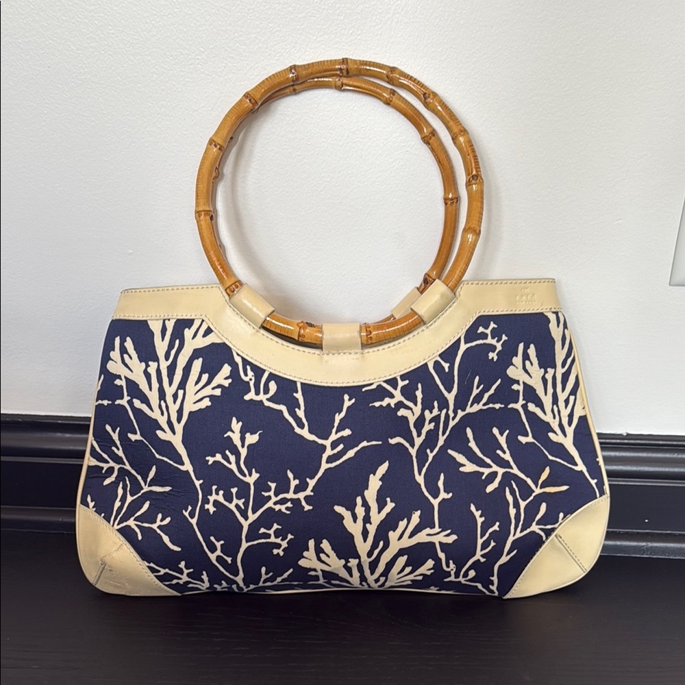 Rafe Navy and Cream Bamboo Handle Tote Bag